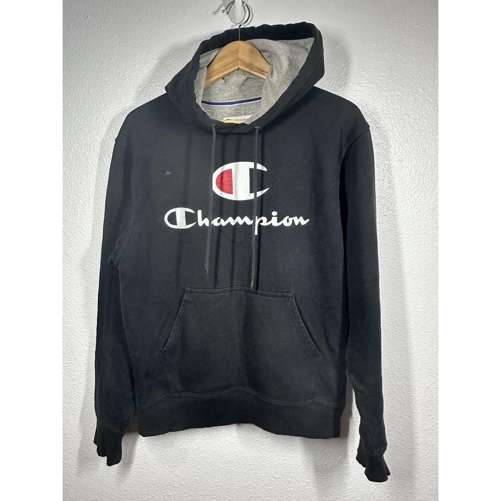 Champion Hoodie Mens Small Black Pullover Sweatshirt Spell Out Logo Athletic